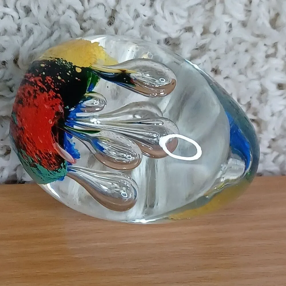 Hand Blown Art Glass Paperweight Controlled Bubbles Blue Multicolor Polished 3”